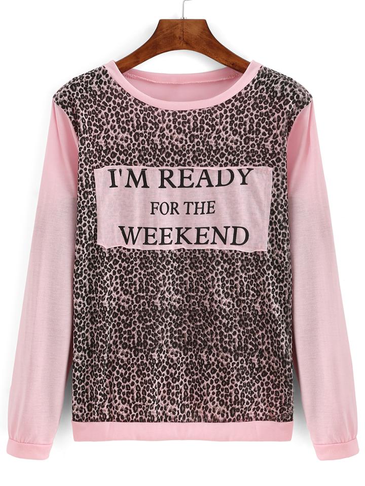 Romwe Crew Neck Leopard Patch Pink Sweatshirt