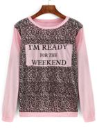Romwe Crew Neck Leopard Patch Pink Sweatshirt
