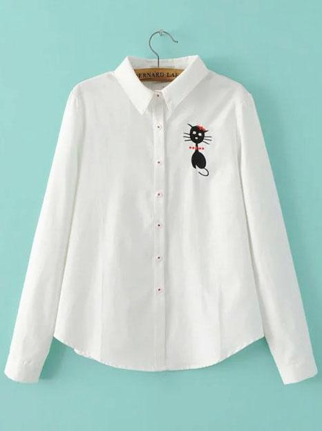 Romwe Lovely Cat Embroidery Blouse