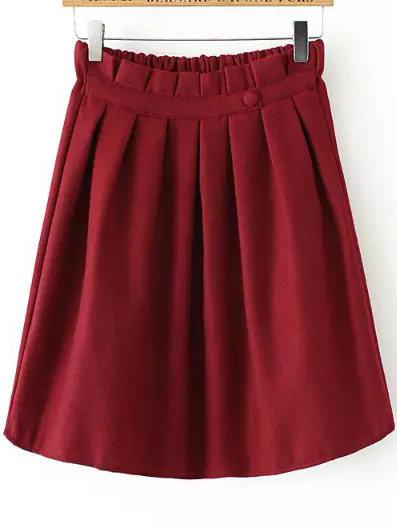 Romwe Elastic Waist Single Button Pleated Burgundy Skirt