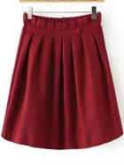 Romwe Elastic Waist Single Button Pleated Burgundy Skirt