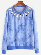 Romwe Blue Tie Dye Print Eyelet Whipstitch Neck Sweatshirt