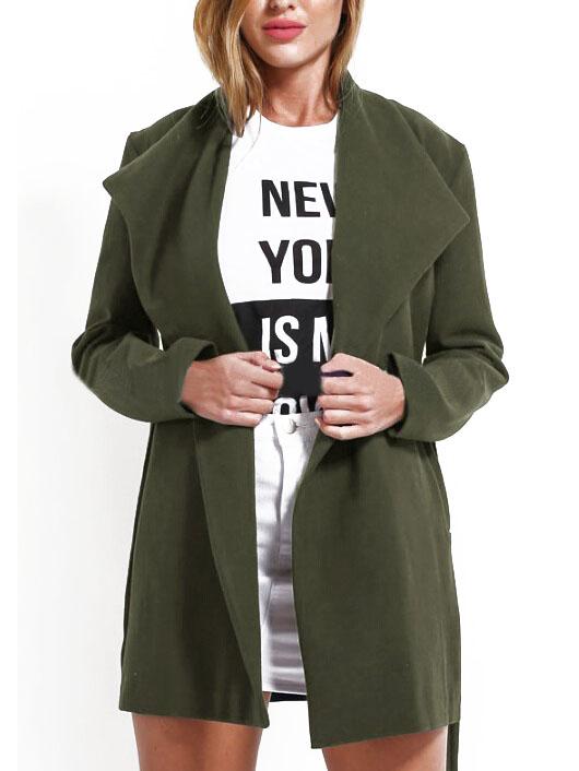 Romwe Lapel Belt Pockets Green Coat