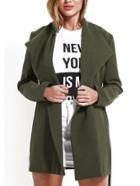 Romwe Lapel Belt Pockets Green Coat