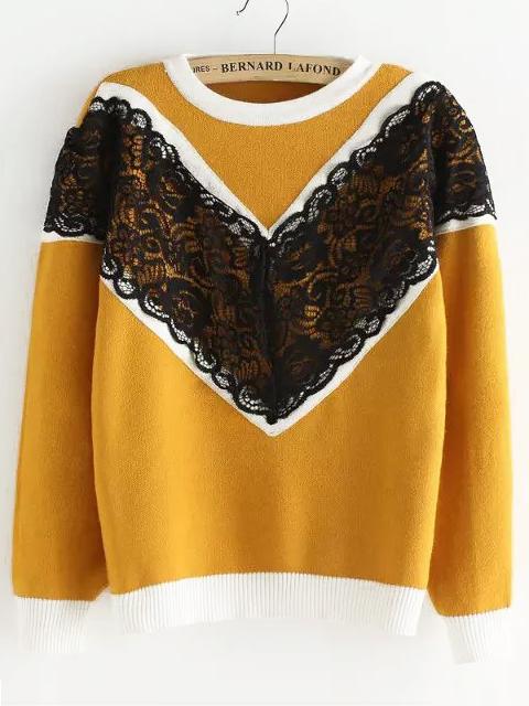 Romwe Contrast Lace Chevron Print Yellow Knitwear