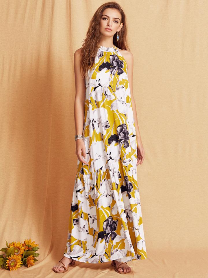 Romwe Flower Print Halter Neck Full Length Beach Dress