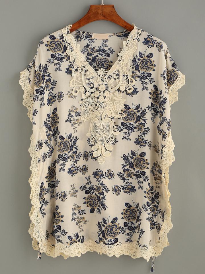 Romwe Ivory Floral Print Crochet Trim Appliques Blouse