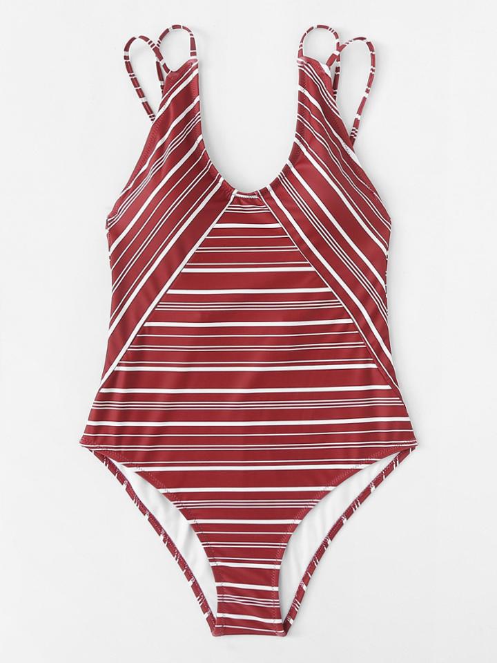 Romwe Striped Double Straps Swimsuit