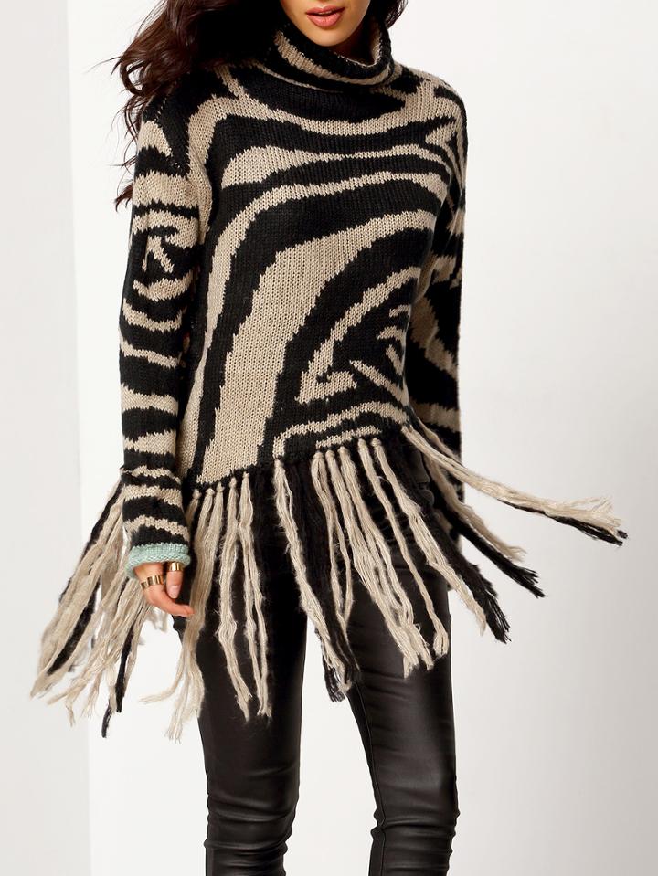 Romwe Turtleneck Printed Fringe Sweater