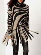 Romwe Turtleneck Printed Fringe Sweater