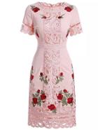 Romwe Pink Round Neck Short Sleeve Tribal Embroidered Hollow Dress