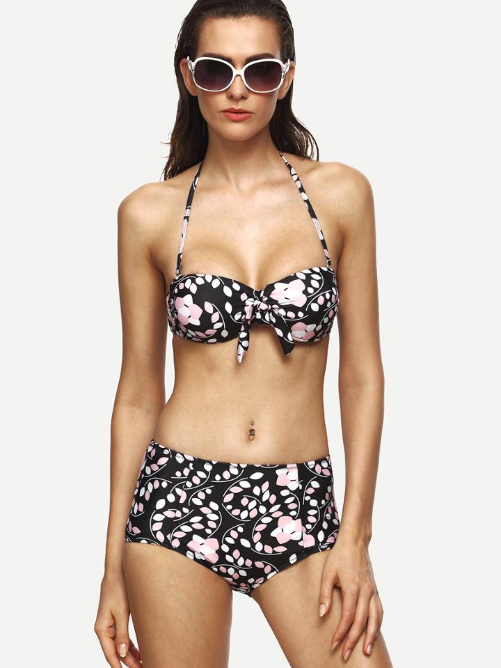 Romwe Black Flower Print Tie Front Bandeau Bikini Set