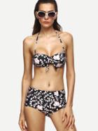 Romwe Black Flower Print Tie Front Bandeau Bikini Set