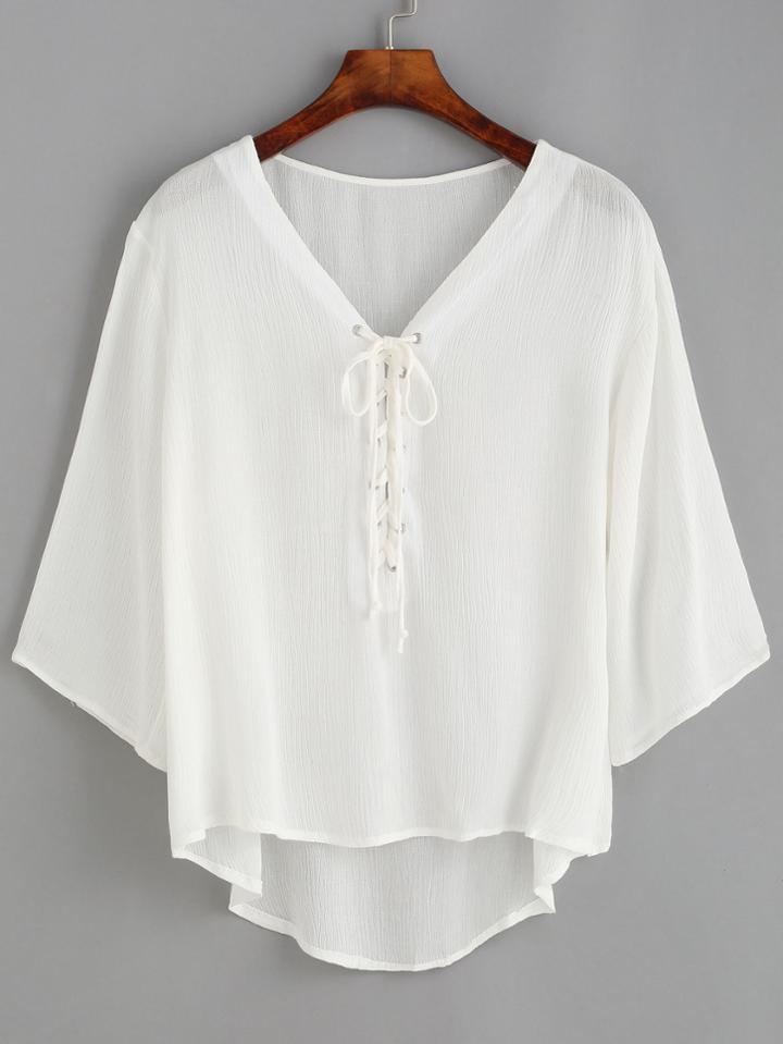 Romwe White Lace Up High Low Crinkle Blouse