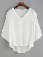Romwe White Lace Up High Low Crinkle Blouse