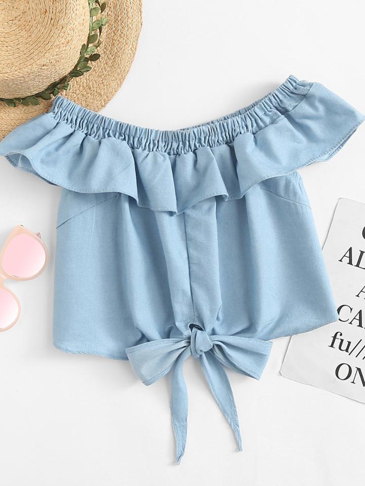 Romwe Ruffle Trim Knotted Denim Top