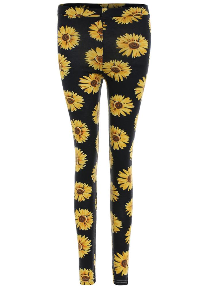 Romwe Sunflower Print Slim Black Pant