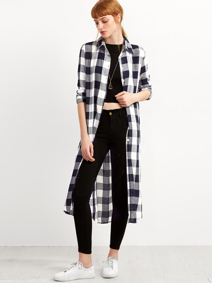 Romwe Plaid Split Long Blouse