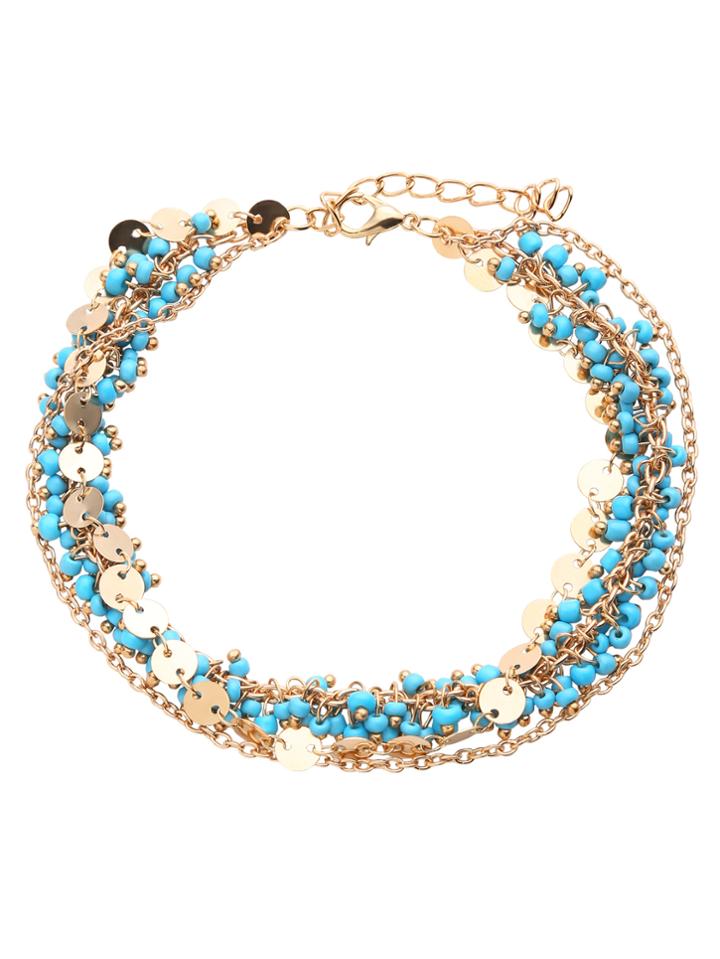 Romwe Blue Beaded Coin Charm Layered Anklet