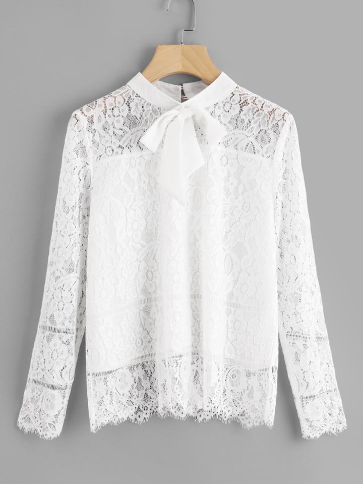 Romwe Tie Neck Eyelash Lace Blouse