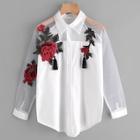 Romwe Floral Applique Mesh Panel Tassel Detail Shirt