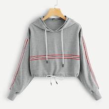Romwe Striped Tape Panel Drawstring Detail Hoodie
