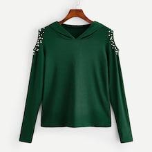 Romwe Pearl Beaded Cutout Shoulder Ripped Hoodie