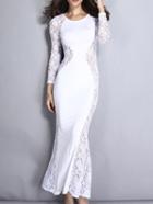 Romwe Long Sleeve Lace Fishtail Maxi White Dress