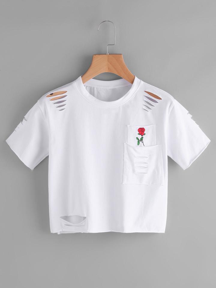 Romwe Rose Print Cut Out Ripped Tee With Chest Pocket