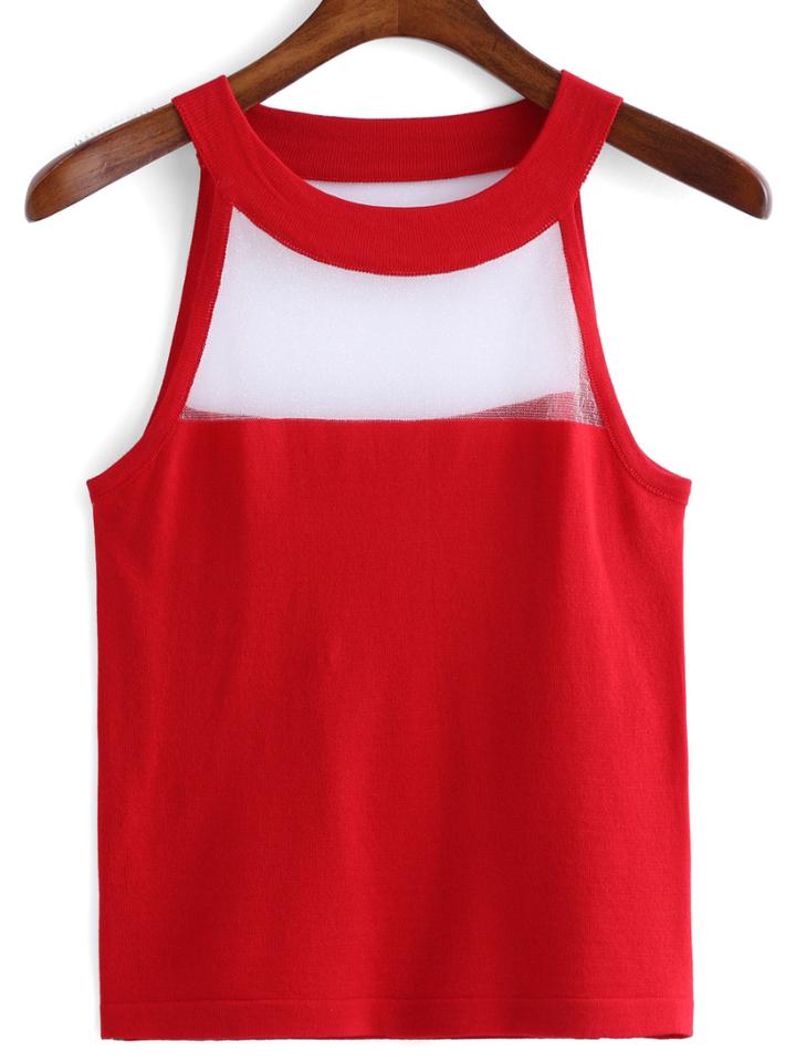 Romwe Contrast Mesh Knit Red Tank Top
