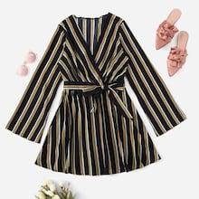 Romwe Striped Belted V Neck Dress