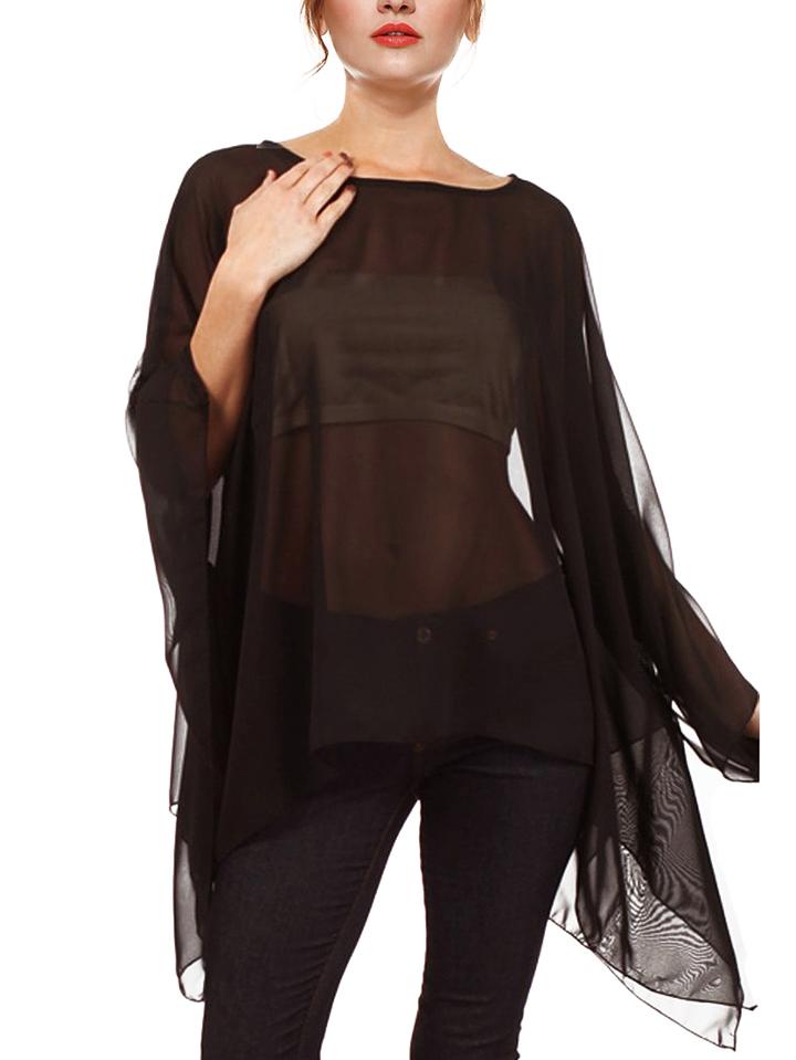 Romwe Round Neck Asymmetrical Chiffon Black Blouse