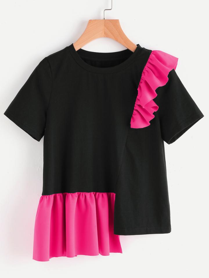 Romwe Contrast Frill Trim Staggered Hem T-shirt