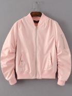 Romwe Pink Zipper Up Flight Jacket With Pockets