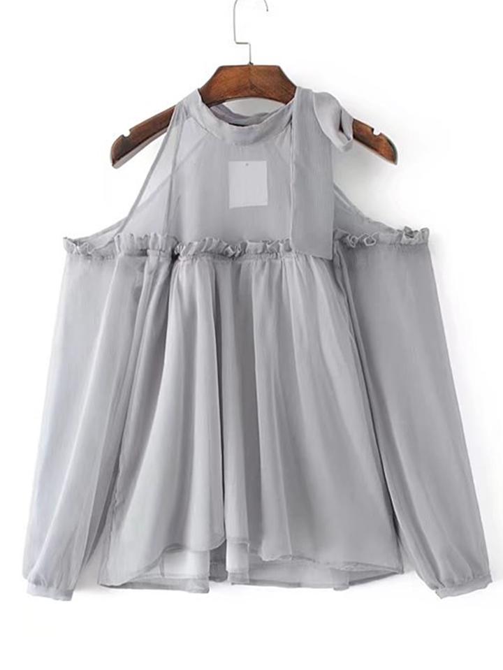 Romwe Open Shoulder Frill Trim Chiffon Top