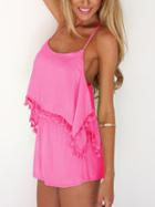Romwe Tassel Trimmed Layered Crisscross Cami Romper - Pink
