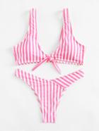 Romwe Knot Front Striped Bikini Set