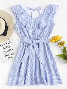 Romwe Stripe Ruffle Bow Tie Dress