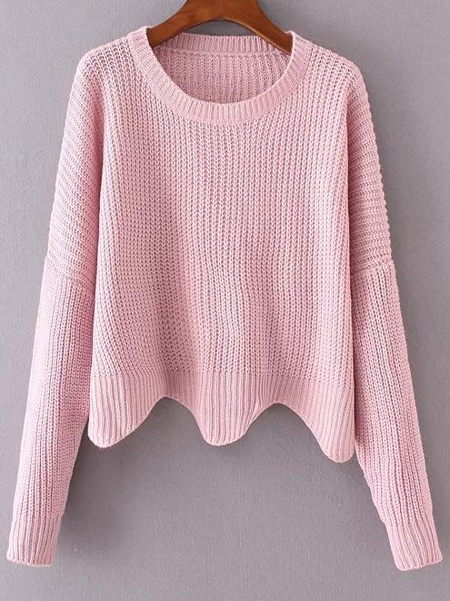 Romwe Pink Drop Shoulder Asymmetrical Sweater