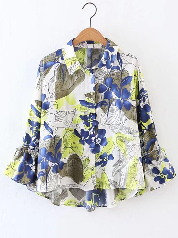 Romwe Bell Sleeve Tie Cuff High Low Blouse