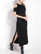 Romwe Black Cutout Shoulder Side Slit Long Dress