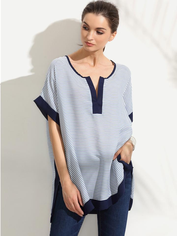 Romwe Contrast V Neck Striped Split Blouse