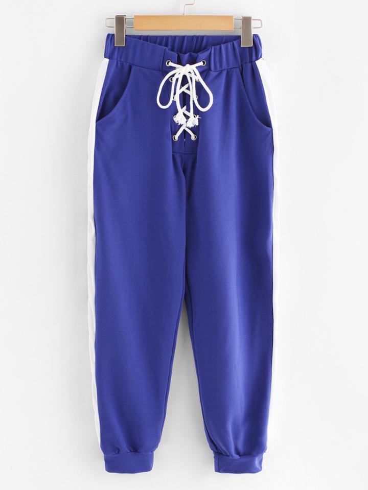 Romwe Contrast Panel Side Lace Up Waist Pants
