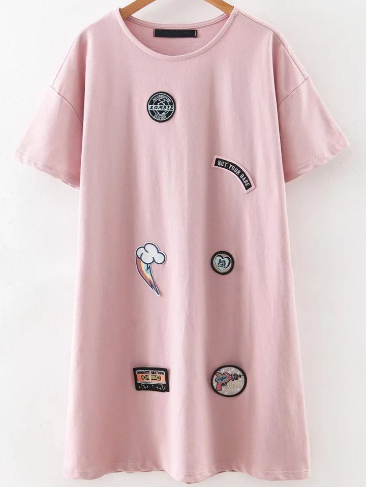 Romwe Pink Round Neck Patch Tee Dress