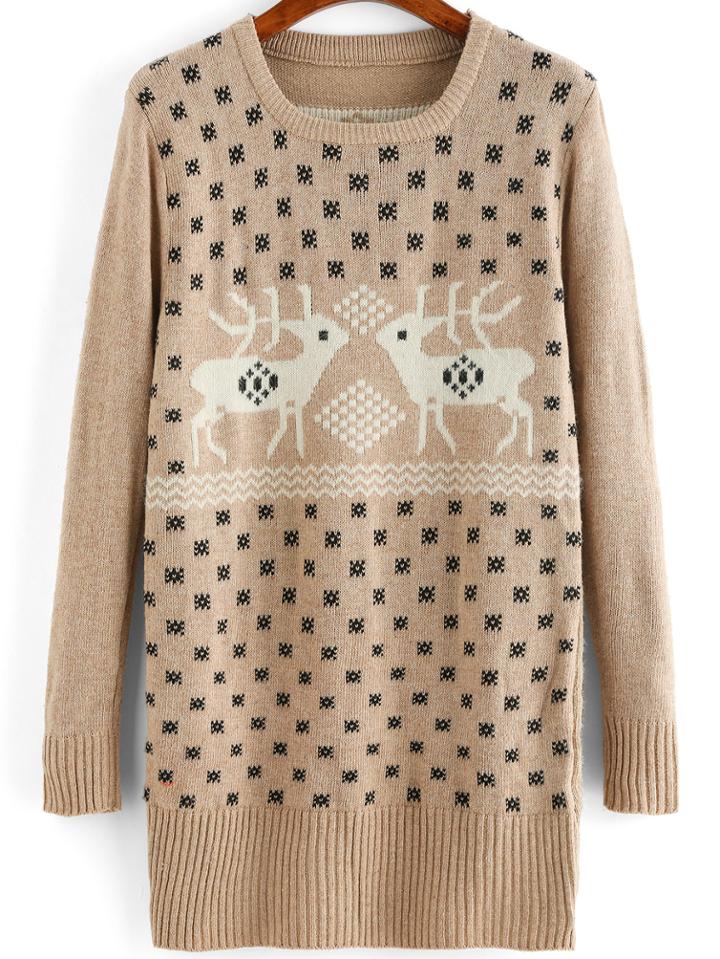 Romwe Round Neck Snowflake Deer Print Sweater
