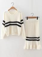 Romwe White Striped Rolled Neck Sweater With Skirt