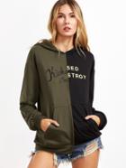 Romwe Contrast Drop Shoulder Asymmetric Embroidered Hoodie