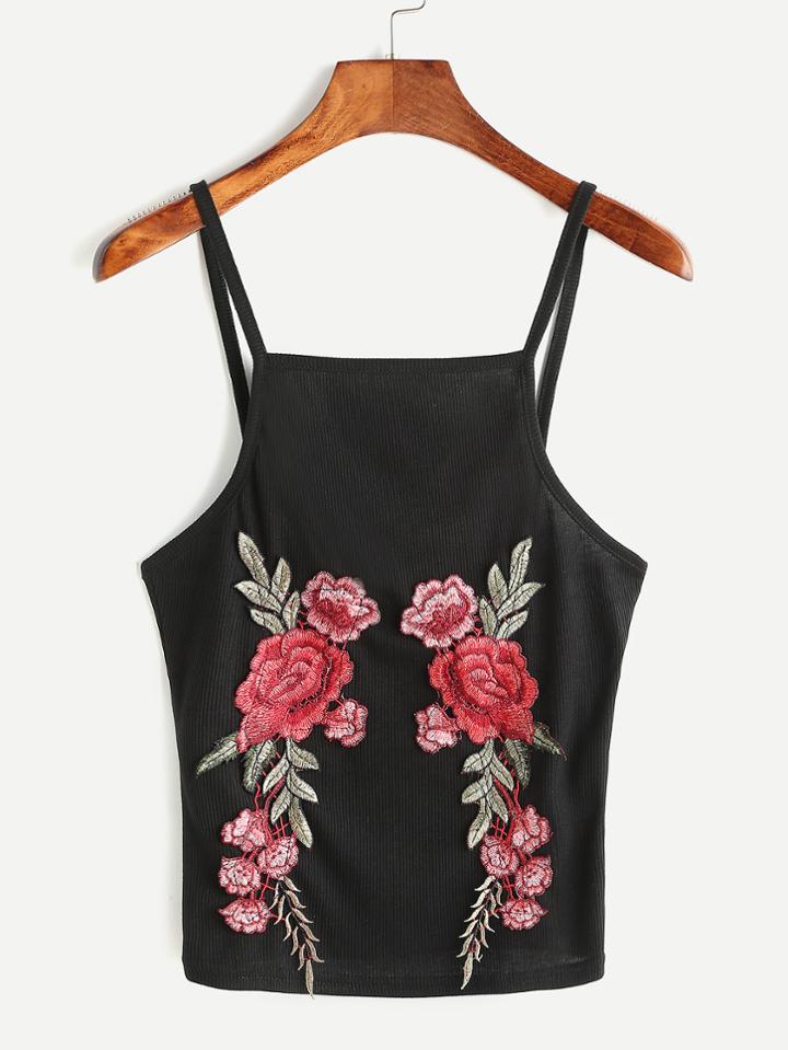 Romwe Rose Embroidered Pleated Cami Top
