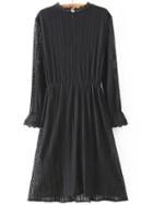 Romwe Puff Sleeve Lace Pleated Black Dress
