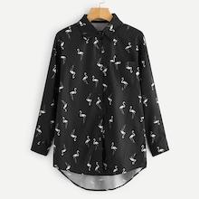 Romwe Flamingo Print Button Front Dip Hem Blouse